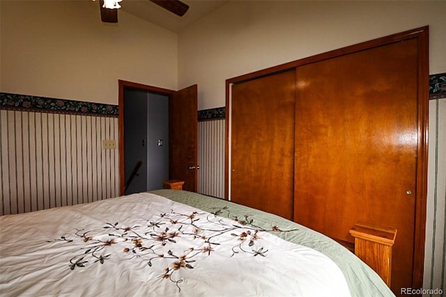 3530 Doolittle Rd, Monument, CO 80132 - bedroom featuring a closet, vaulted ceiling, and ceiling fan