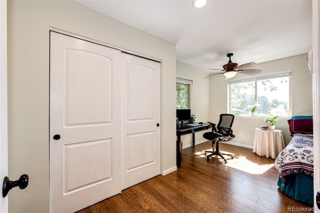 bedroom with dark hardwood / wood-style flooring and a closet