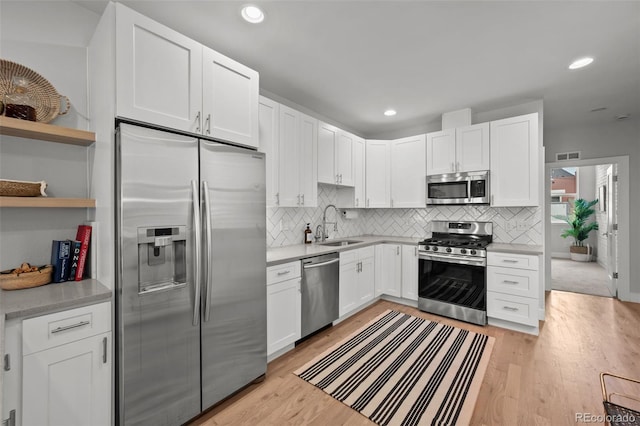 3003 California St, Denver, CO 80205 - kitchen featuring appliances with stainless steel finishes, white cabinetry, light countertops, tasteful backsplash, and light wood finished floors