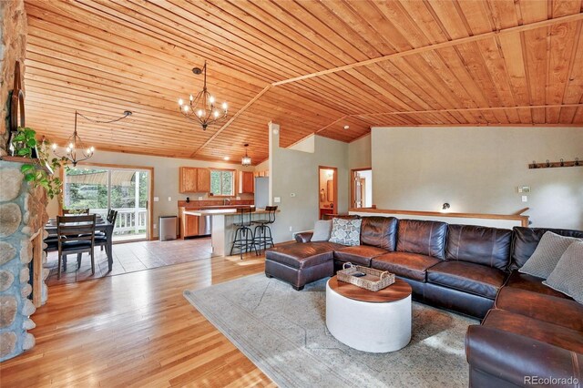 294 Kudu Trl, Bailey, CO 80421 - living area with a chandelier, wood ceiling, lofted ceiling, and light wood-type flooring