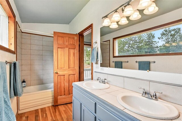294 Kudu Trl, Bailey, CO 80421 - bathroom with double vanity, wood finished floors, and  shower combination