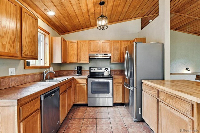 294 Kudu Trl, Bailey, CO 80421 - kitchen with stainless steel appliances, wood ceiling, vaulted ceiling, tile countertops, and under cabinet range hood
