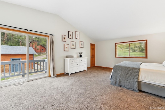 294 Kudu Trl, Bailey, CO 80421 - carpeted bedroom featuring access to outside, lofted ceiling, and baseboards