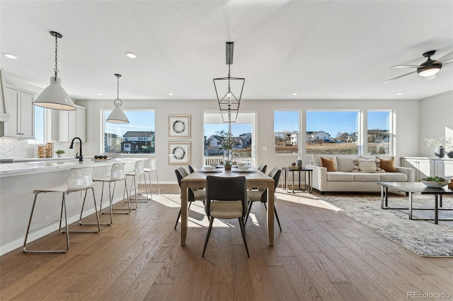 dining space with light hardwood / wood-style flooring and ceiling fan