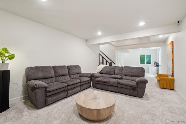 4520 Maroon Cir, Broomfield, CO 80023 - living room featuring stairs, carpet, recessed lighting, and baseboards