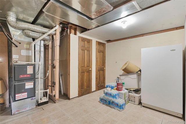 10771 Winding Meadow Dr, Kiowa, CO 80117 - unfinished below grade area with freestanding refrigerator, heating unit, and light tile patterned floors