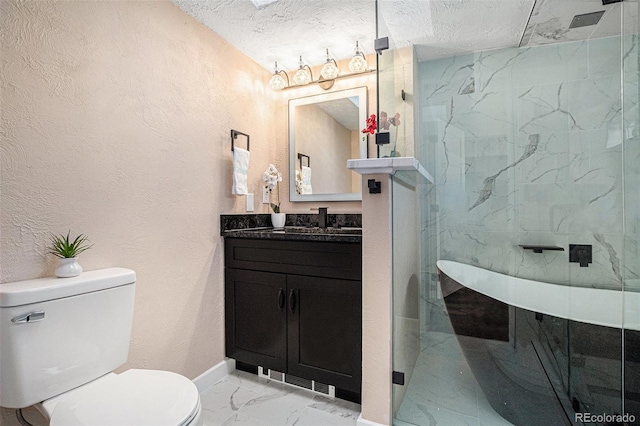 full bathroom featuring toilet, marble finish floor, a textured ceiling, and a textured wall