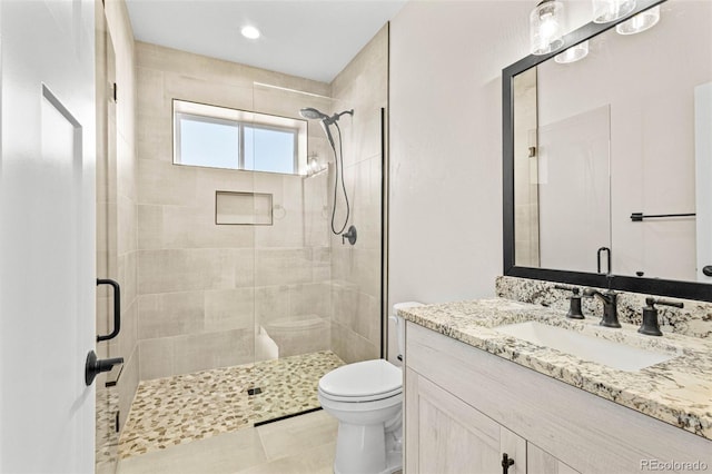 bathroom with vanity, toilet, and a shower with shower door