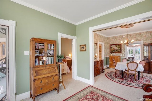 220 E Eaton Ave, Cripple Creek, CO 80813 - dining space with a chandelier, baseboards, light carpet, and crown molding