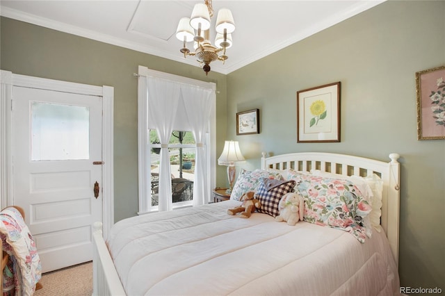 220 E Eaton Ave, Cripple Creek, CO 80813 - bedroom featuring ornamental molding and a chandelier