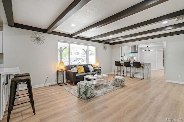 423 Nile St, Aurora, CO 80010 - living area featuring baseboards, beam ceiling, light wood-type flooring, a chandelier, and recessed lighting