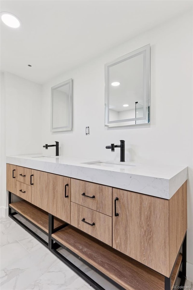 3775 S Forest Way, Denver, CO 80237 - full bathroom with double vanity, marble finish flooring, and recessed lighting