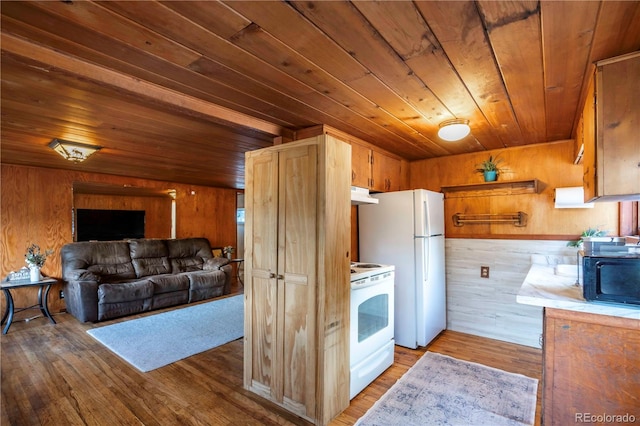 kitchen featuring wood ceiling, white appliances, wooden walls, and light hardwood / wood-style flooring