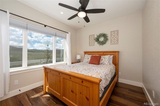 719 Saddle Ridge Cir, Granby, CO 80446 - bedroom with baseboards, dark wood-type flooring, a ceiling fan, and recessed lighting