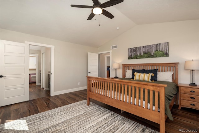719 Saddle Ridge Cir, Granby, CO 80446 - bedroom featuring wood finished floors, baseboards, lofted ceiling, and a ceiling fan