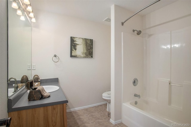 full bathroom featuring shower / tub combination, vanity, toilet, baseboards, and visible vents