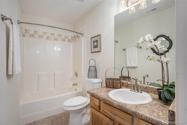 full bathroom featuring vanity, toilet, tile patterned floors, shower / bathing tub combination, and visible vents
