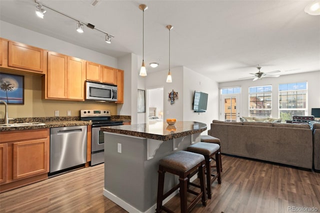 kitchen with ceiling fan, sink, stainless steel appliances, dark hardwood / wood-style floors, and a breakfast bar area