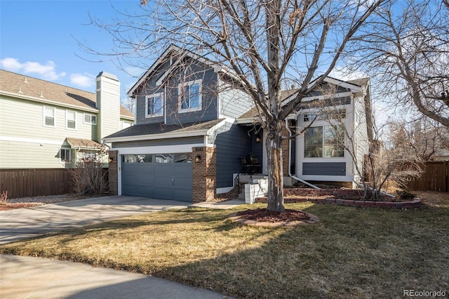 view of front of house featuring a garage, driveway, brick siding, and fence