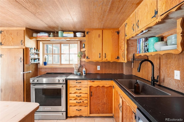 kitchen featuring light tile patterned flooring, sink, dishwashing machine, wooden ceiling, and stainless steel electric range