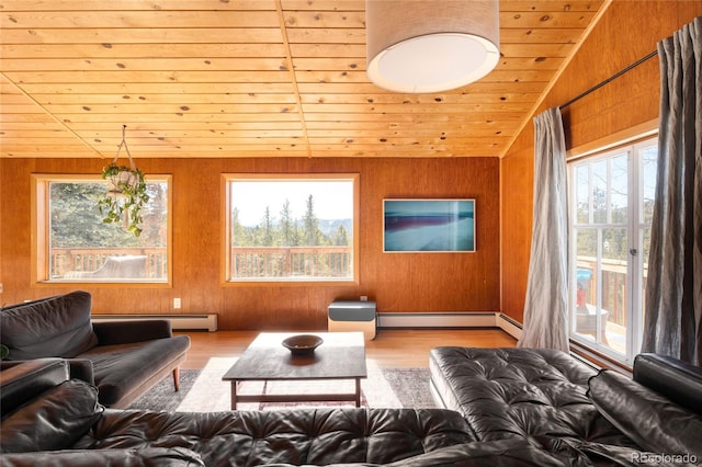 living room featuring lofted ceiling, light hardwood / wood-style flooring, and wood walls