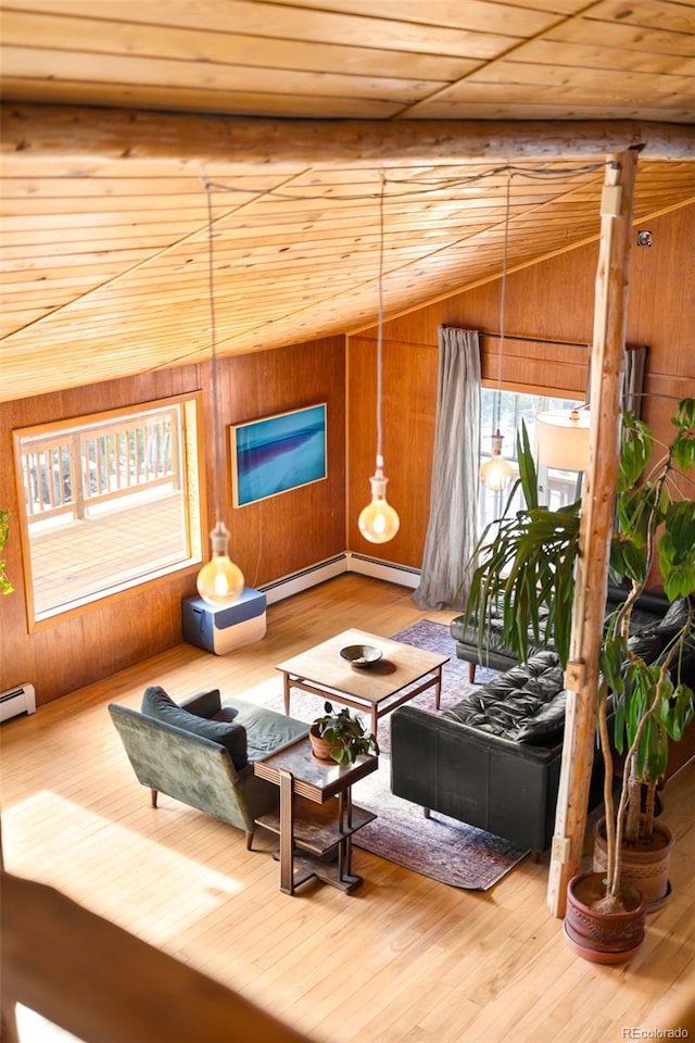 interior space with hardwood / wood-style flooring, vaulted ceiling with beams, wood ceiling, and wood walls