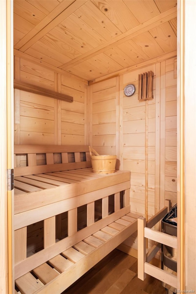 view of sauna featuring hardwood / wood-style floors