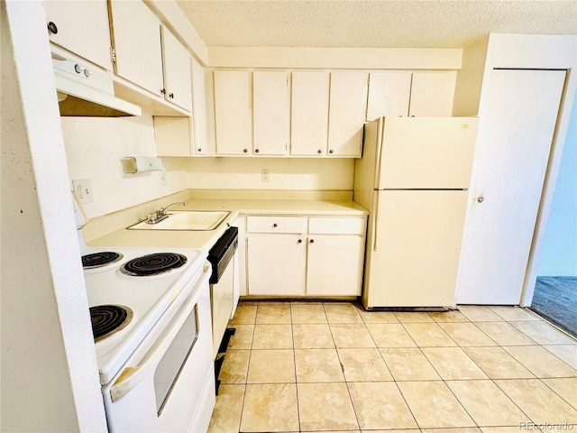 8826 E Florida Ave Unit 102, Denver, CO 80247 - kitchen featuring a textured ceiling, white appliances, white cabinets, and a sink