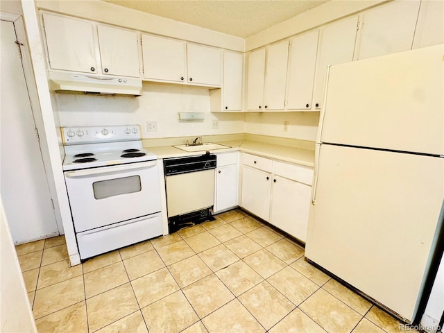 8826 E Florida Ave Unit 102, Denver, CO 80247 - kitchen with under cabinet range hood, light tile patterned floors, white appliances, a sink, and light countertops