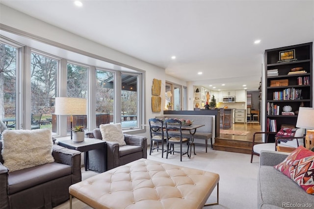 living room featuring light colored carpet