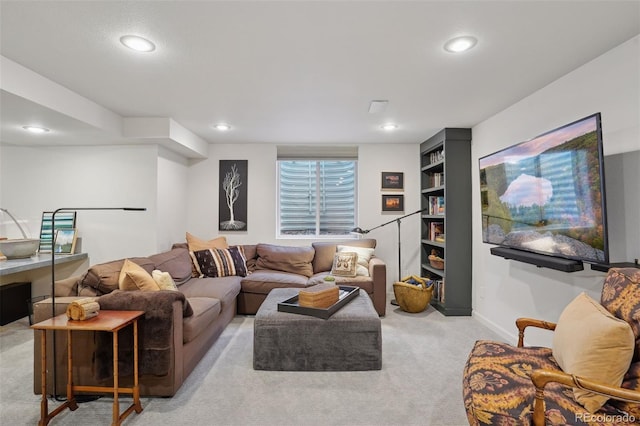 living room featuring light carpet