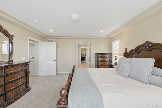1673 Morningview Ln, Castle Rock, CO 80109 - bedroom with arched walkways, light colored carpet, baseboards, recessed lighting, and ornamental molding