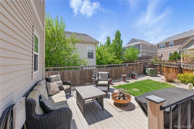 1673 Morningview Ln, Castle Rock, CO 80109 - wooden terrace with an outdoor living space with a fire pit, a fenced backyard, and a residential view