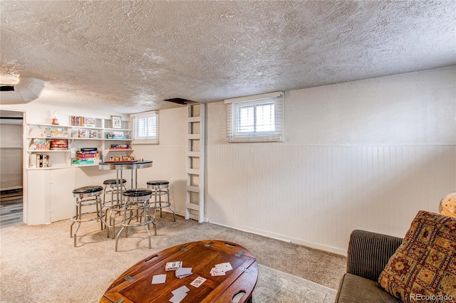 carpeted living room featuring wainscoting, plenty of natural light, and a textured ceiling