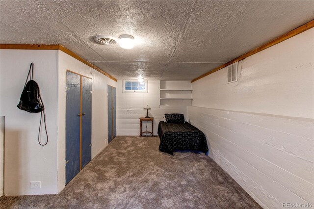 below grade area featuring visible vents, a textured ceiling, and carpet flooring