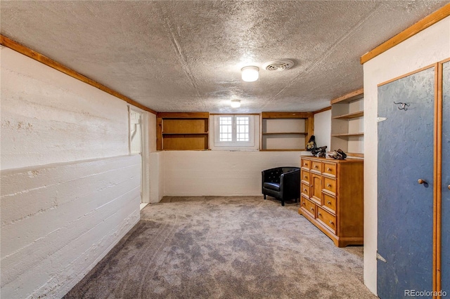 below grade area with a textured ceiling, carpet flooring, and visible vents