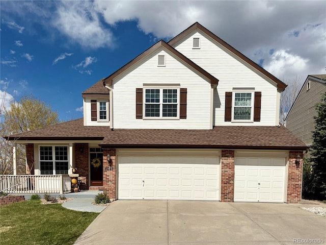 view of front of house featuring covered porch, concrete driveway, brick siding, an attached garage, and a shingled roof