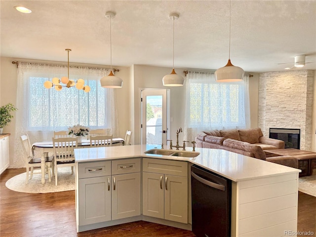 kitchen featuring stainless steel dishwasher, a sink, dark wood-style floors, and light countertops