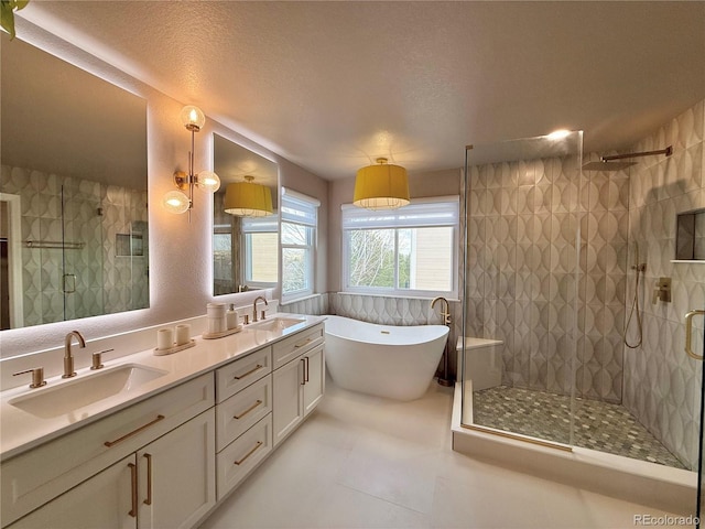 bathroom with a shower stall, a freestanding tub, and a sink