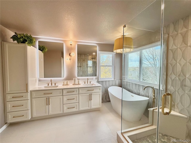 bathroom with double vanity, a sink, a freestanding bath, and a stall shower