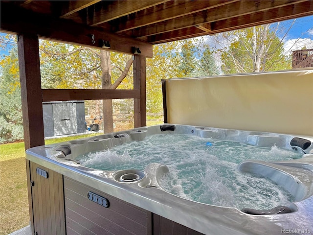 exterior details with a hot tub