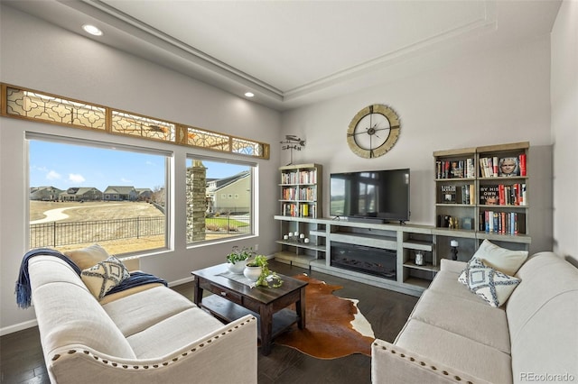 living room with baseboards, a raised ceiling, wood finished floors, and a glass covered fireplace