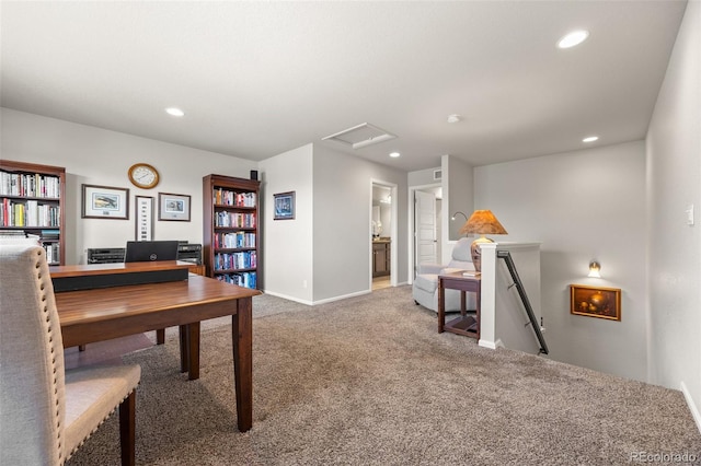 carpeted office space featuring baseboards, attic access, and recessed lighting