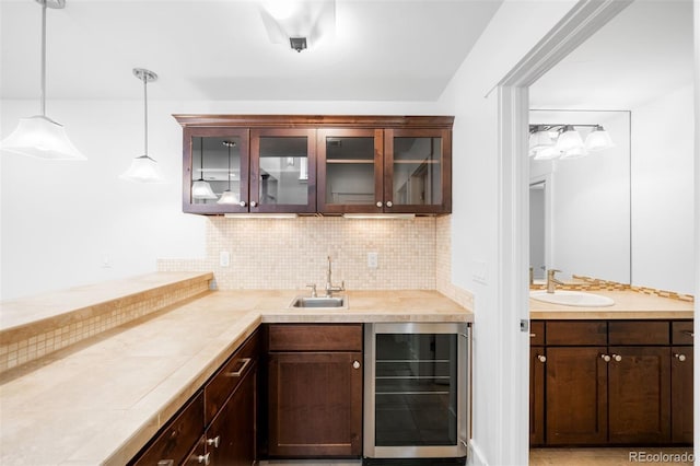 1934 S Sherman St, Denver, CO 80210 - indoor wet bar featuring wine cooler, decorative backsplash, and decorative light fixtures