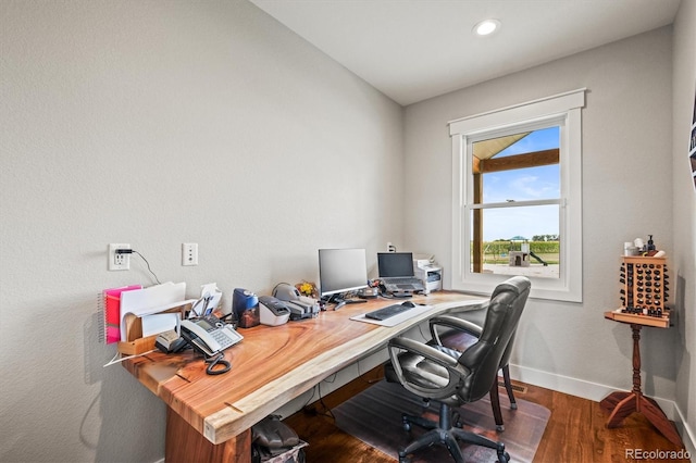 6331 County Road 32, Platteville, CO 80651 - home office featuring baseboards, wood finished floors, and recessed lighting