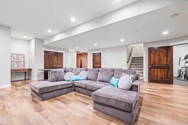 6331 County Road 32, Platteville, CO 80651 - living room featuring light wood finished floors, stairway, recessed lighting, and baseboards