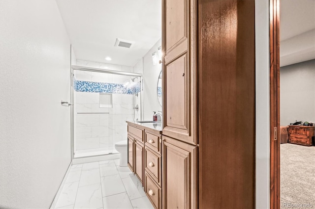 6331 County Road 32, Platteville, CO 80651 - full bathroom featuring a stall shower, toilet, marble finish floors, vanity, and recessed lighting