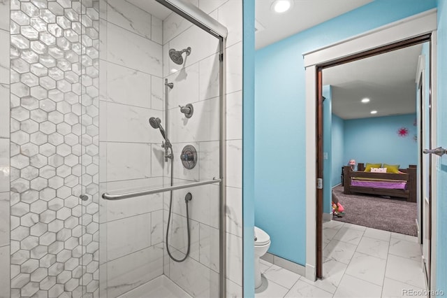 6331 County Road 32, Platteville, CO 80651 - bathroom featuring a stall shower, toilet, recessed lighting, marble finish floors, and ensuite bath