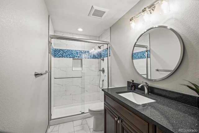 6331 County Road 32, Platteville, CO 80651 - full bath with marble finish floors, toilet, a stall shower, vanity, and recessed lighting