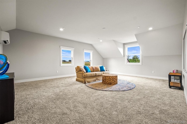 6331 County Road 32, Platteville, CO 80651 - living area featuring vaulted ceiling, an AC wall unit, carpet floors, baseboards, and recessed lighting